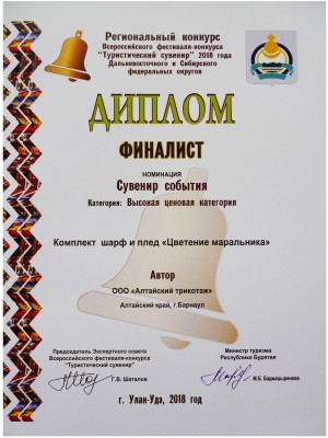 диплом финалиста регионального конкурса "Туристический сувенир" в номинации сувенир события
