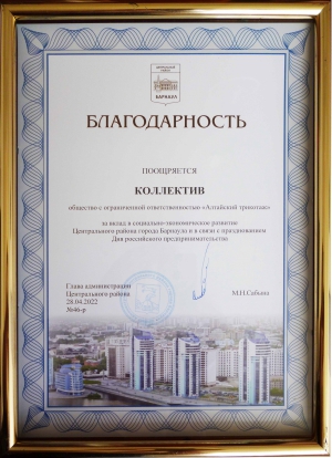 Благодарность за вклад в развитие Центрального района г. Барнаула